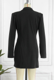 Black Casual Solid Patchwork Turn-back Collar Long Sleeve Dresses