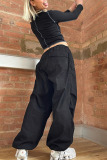 Black Casual Street Solid Patchwork Pocket Loose Mid Waist Straight Solid Color Bottoms
