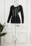 Black Sexy Solid Hollowed Out See-through O Neck Long Sleeve Dresses