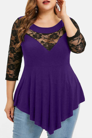 Purple Casual Solid Patchwork See-through Asymmetrical O Neck Tops