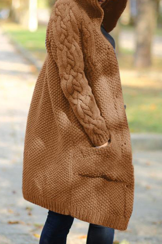 Coffee Casual Solid Cardigan Hooded Collar Outerwear