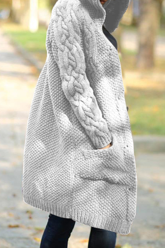 Light Gray Casual Solid Cardigan Hooded Collar Outerwear