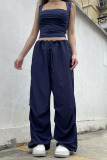 Blue Casual Street Solid Patchwork Pocket Loose Low Waist Wide Leg Solid Color Bottoms