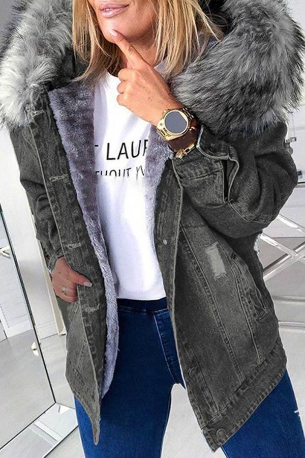 Grey Street Ripped Make Old Patchwork Buckle Hooded Collar Long Sleeve Straight Denim Jacket