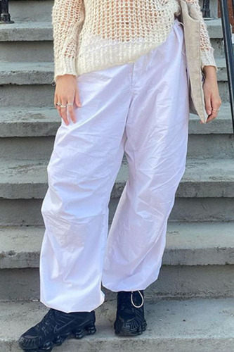 White Casual Street Solid Patchwork Pocket Loose Mid Waist Straight Solid Color Bottoms