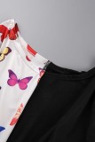 Multicolor Casual Butterfly Print Patchwork Off the Shoulder Long Sleeve Dresses