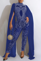 Blue Sexy Patchwork Hot Drilling See-through Half A Turtleneck Skinny Jumpsuits