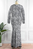 Black Casual Print Patchwork V Neck Long Sleeve Plus Size Dresses