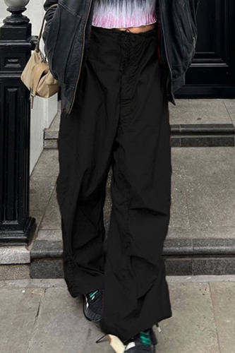Black Casual Street Solid Patchwork Pocket Straight Low Waist Wide Leg Solid Color Bottoms