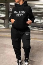 Black Street Print Letter Hooded Collar Long Sleeve Two Pieces