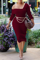 Burgundy Casual Solid Patchwork Oblique Collar One Step Skirt Dresses (With Waist Chain)