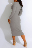 Grey Casual Solid Patchwork Turndown Collar Long Sleeve Dresses