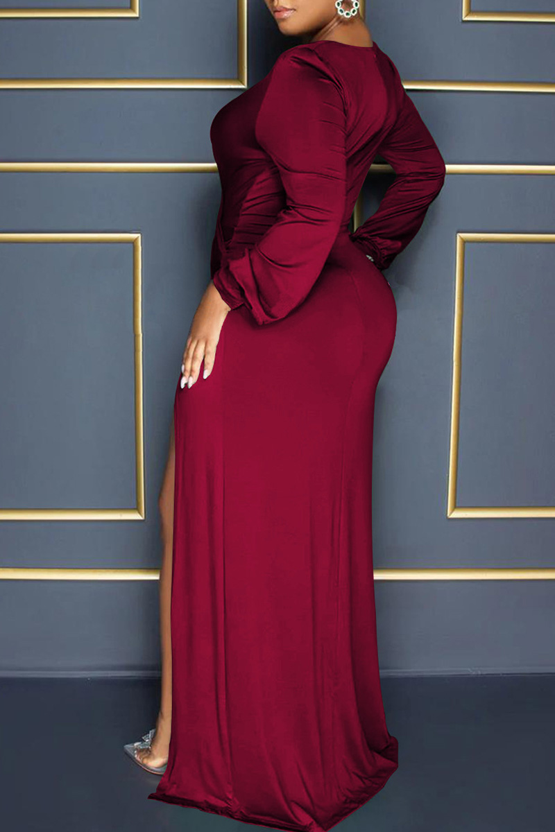 Sexy Solid Patchwork V Neck Long Sleeve Dresses