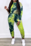 Green Casual Print Tie Dye Patchwork O Neck Plus Size Two Pieces
