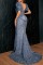 Grey Sexy Formal Patchwork Sequins V Neck Evening Dress Dresses