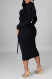 Black Casual Elegant Solid Bandage Patchwork O Neck One Step Skirt Dresses