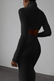 Black Casual Solid Patchwork Slit Asymmetrical Turtleneck Long Sleeve Two Pieces