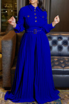 Blue Casual Elegant Solid Patchwork Buttons Fold With Belt Turndown Collar Straight Jumpsuits