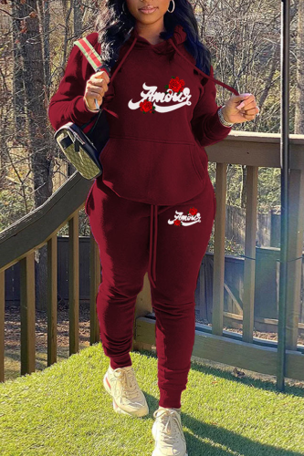 Burgundy Casual Print Draw String Hooded Collar Long Sleeve Two Pieces