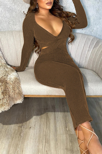 Coffee Sexy Solid Hollowed Out Patchwork V Neck Pencil Skirt Dresses