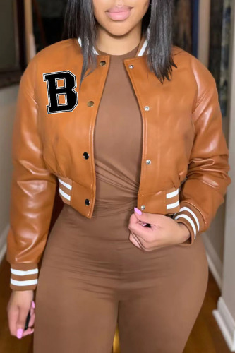 Brown Casual Solid Patchwork Buckle Cardigan Collar Outerwear