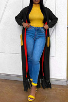 Black Casual Solid Tassel Patchwork Pocket Cardigan Collar Outerwear