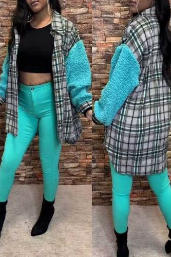 Turquoise Casual Plaid Print Patchwork Buckle Turndown Collar Tops