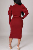 Rose Red Casual Elegant Solid Bandage Patchwork O Neck One Step Skirt Dresses