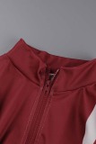 Burgundy Casual Solid Patchwork Zipper Collar Long Sleeve Two Pieces