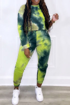 Green Casual Print Tie Dye Patchwork O Neck Plus Size Two Pieces