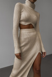 White Casual Solid Patchwork Slit Asymmetrical Turtleneck Long Sleeve Two Pieces