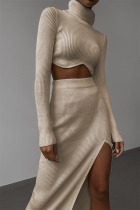 Apricot Casual Solid Patchwork Slit Asymmetrical Turtleneck Long Sleeve Two Pieces