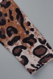 Leopard Print Casual Print Patchwork Backless Oblique Collar Plus Size Dresses