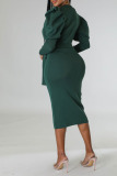 Green Casual Elegant Solid Bandage Patchwork O Neck One Step Skirt Dresses