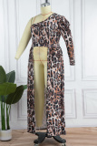Leopard Print Casual Print Patchwork Backless Oblique Collar Plus Size Dresses