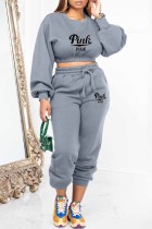 Grey Casual Print Letter O Neck Long Sleeve Two Pieces
