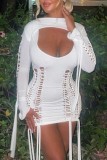 Rose Red Sexy Solid Hollowed Out O Neck Long Sleeve Two Pieces