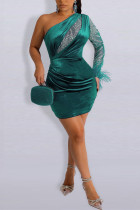 Ink Green Sexy Solid Feathers Hot Drill Oblique Collar Wrapped Skirt Dresses