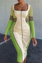 Green Casual Print Patchwork U Neck One Step Skirt Dresses