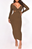 Coffee Sexy Solid Hollowed Out Patchwork V Neck Pencil Skirt Dresses
