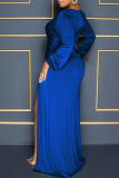 Blue Sexy Formal Solid Patchwork Slit V Neck Long Sleeve Dresses