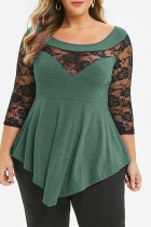 Green Casual Solid Patchwork See-through Asymmetrical O Neck Tops