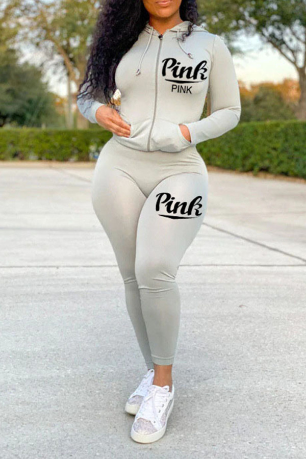 Grey Casual Sportswear Print Patchwork Zipper Hooded Collar Long Sleeve Two Pieces