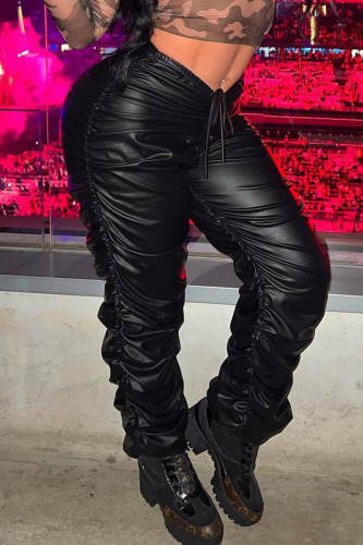 Black Casual Street Solid Bandage Patchwork Fold Regular Mid Waist Pencil Solid Color Bottoms