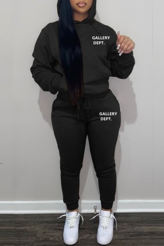 Black Casual Letter Print Patchwork Basic Hooded Collar Long Sleeve Two Pieces