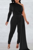 Black Casual Solid Patchwork Backless Oblique Collar Skinny Jumpsuits