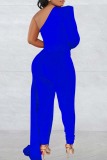 Blue Casual Solid Patchwork Backless Oblique Collar Skinny Jumpsuits