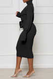 Black Casual Solid Bandage Patchwork Turtleneck One Step Skirt Dresses