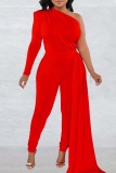 Red Casual Solid Patchwork Backless Oblique Collar Skinny Jumpsuits