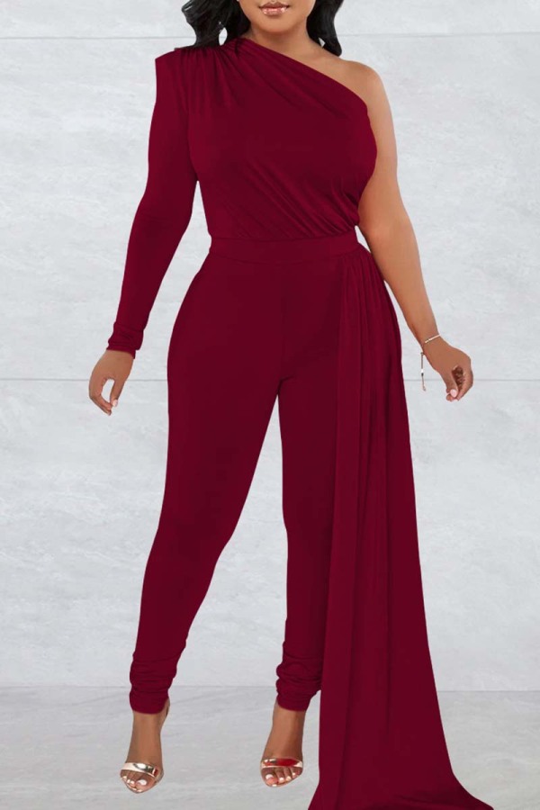 Burgundy Casual Solid Patchwork Backless Oblique Collar Skinny Jumpsuits